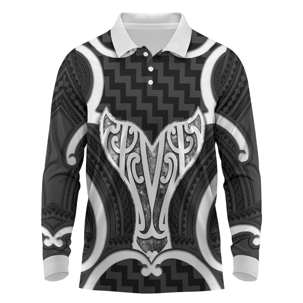 Aotearoa Atua Tangaroa Personalised Long Sleeve Polo Shirt God Of The Sea Maori Whale Tail Black