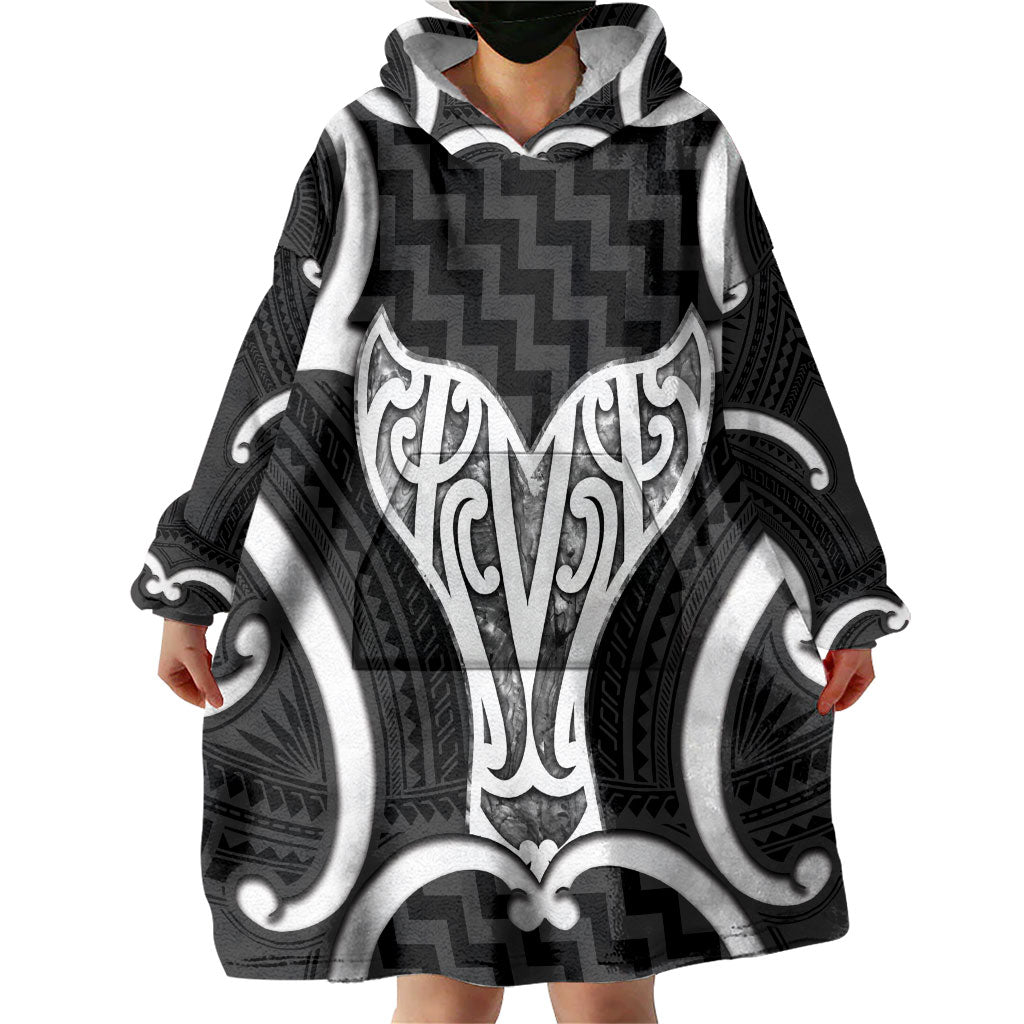 Aotearoa Atua Tangaroa Personalised Wearable Blanket Hoodie God Of The Sea Maori Whale Tail Black