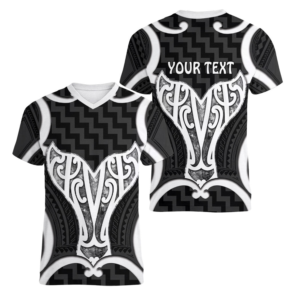 Aotearoa Atua Tangaroa Personalised Women V-Neck T-Shirt God Of The Sea Maori Whale Tail Black