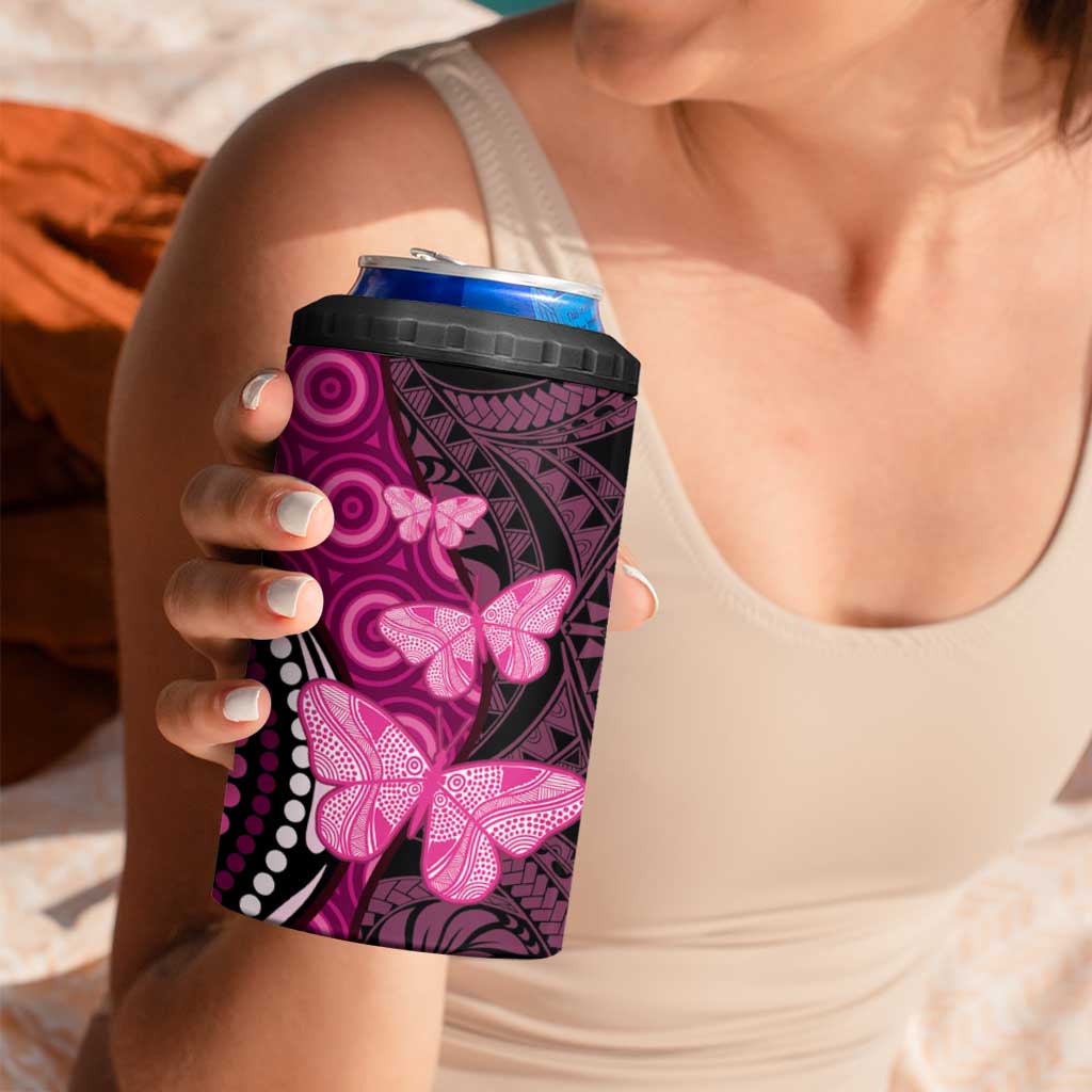Think Pink Breast Cancer Awareness 4 in 1 Can Cooler Tumbler Butterfly Aboriginal Mix Polynesian Pattern