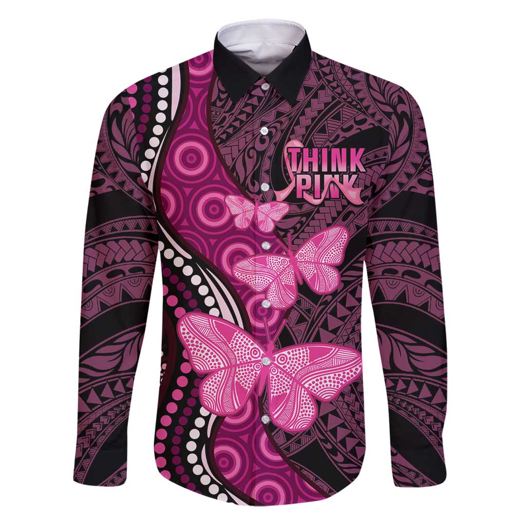 Think Pink Breast Cancer Awareness Family Matching Puletasi and Hawaiian Shirt Butterfly Aboriginal Mix Polynesian Pattern