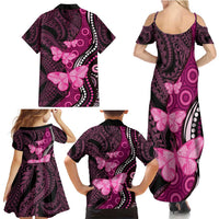 Think Pink Breast Cancer Awareness Family Matching Summer Maxi Dress and Hawaiian Shirt Butterfly Aboriginal Mix Polynesian Pattern