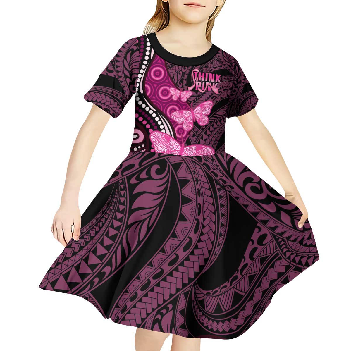 Think Pink Breast Cancer Awareness Kid Short Sleeve Dress Butterfly Aboriginal Mix Polynesian Pattern
