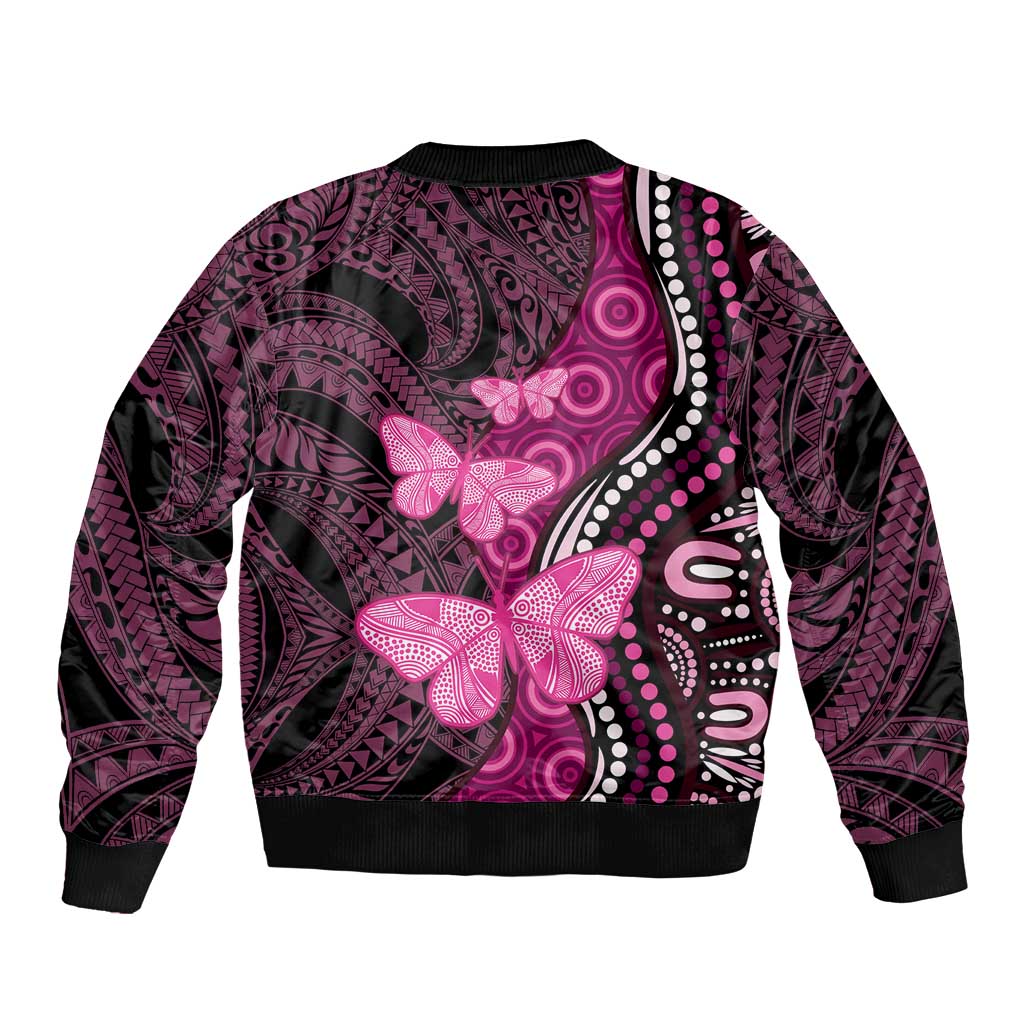 Think Pink Breast Cancer Awareness Sleeve Zip Bomber Jacket Butterfly Aboriginal Mix Polynesian Pattern