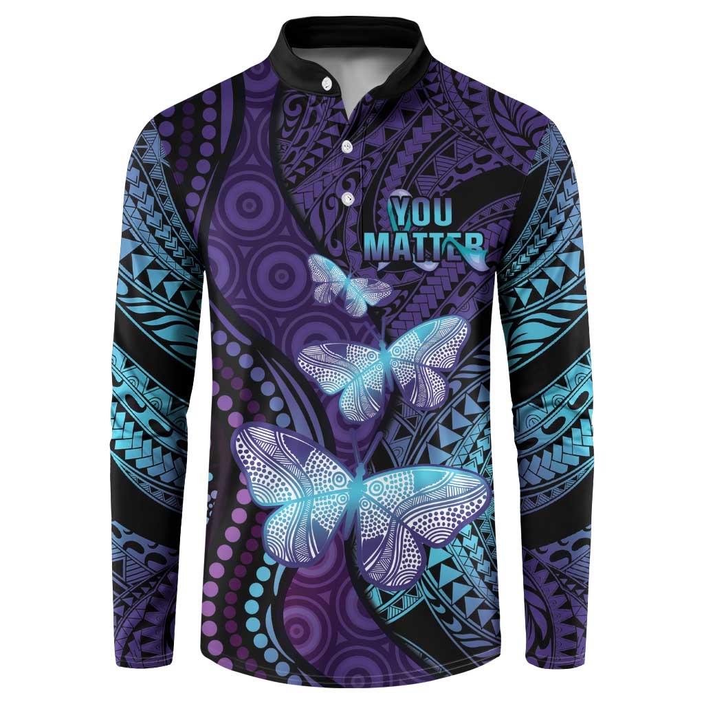 You Matter Suicide Prevention Awareness Button Sweatshirt Butterfly Aboriginal Mix Polynesian Pattern LT14 Purple - Polynesian Pride