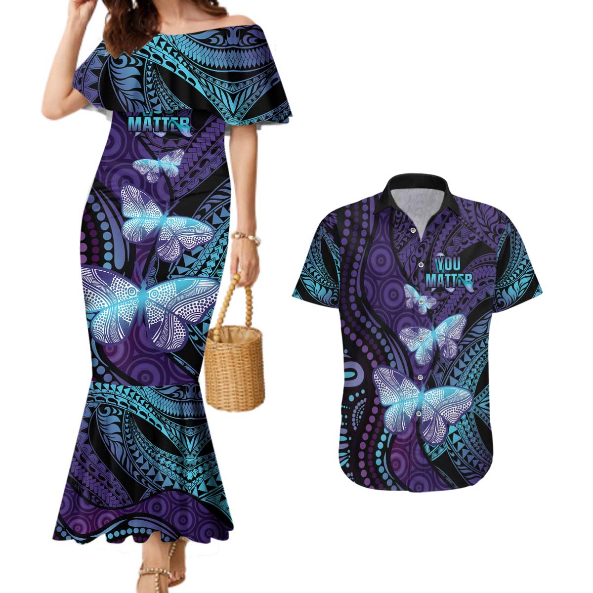 You Matter Suicide Prevention Awareness Couples Matching Mermaid Dress and Hawaiian Shirt Butterfly Aboriginal Mix Polynesian Pattern LT14 Purple - Polynesian Pride