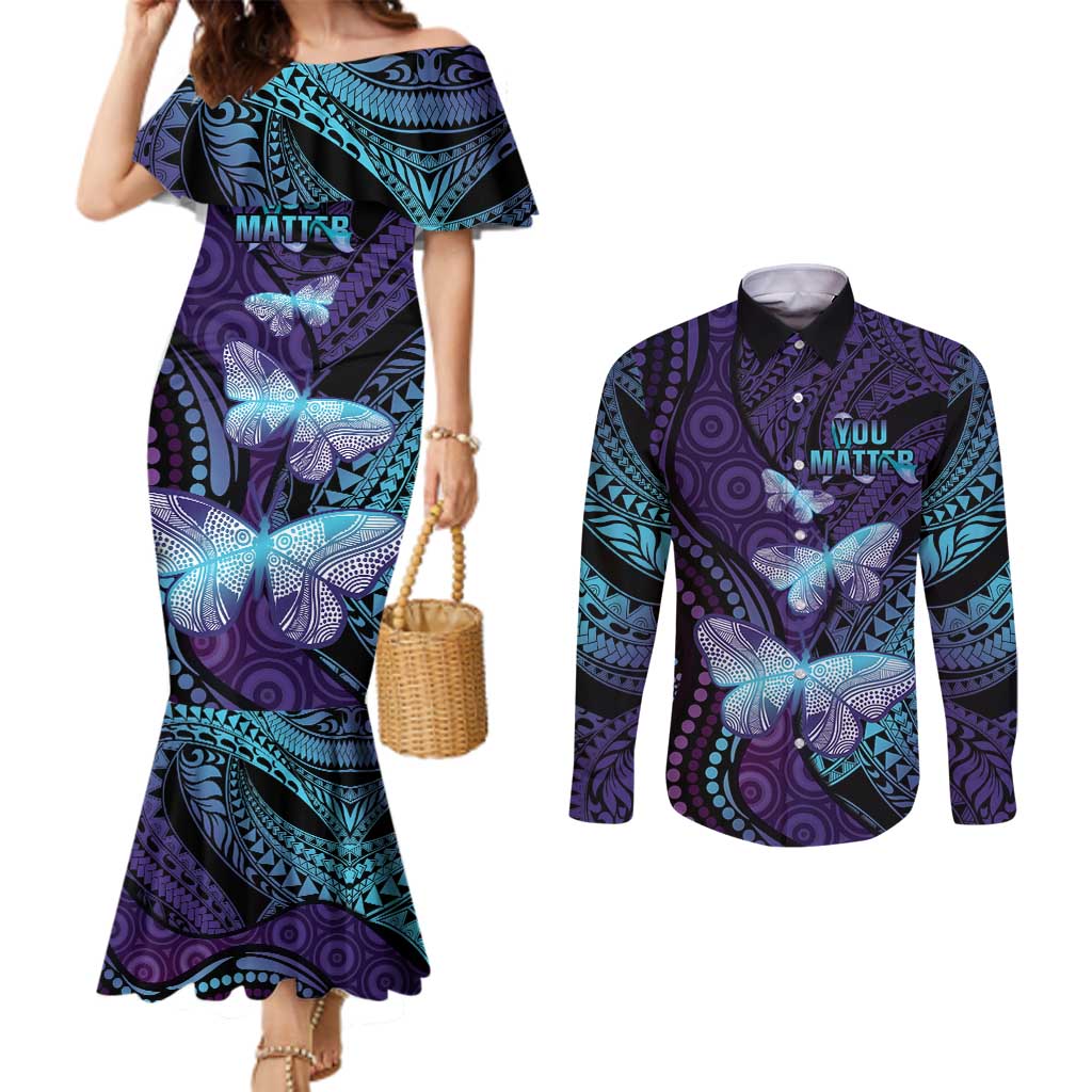 You Matter Suicide Prevention Awareness Couples Matching Mermaid Dress and Long Sleeve Button Shirt Butterfly Aboriginal Mix Polynesian Pattern LT14 Purple - Polynesian Pride