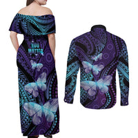 You Matter Suicide Prevention Awareness Couples Matching Off Shoulder Maxi Dress and Long Sleeve Button Shirt Butterfly Aboriginal Mix Polynesian Pattern