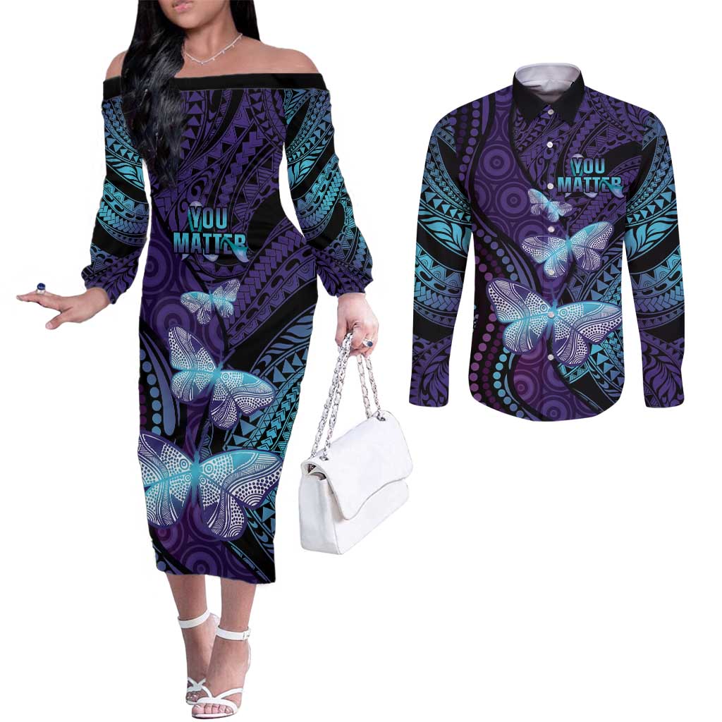 You Matter Suicide Prevention Awareness Couples Matching Off The Shoulder Long Sleeve Dress and Long Sleeve Button Shirt Butterfly Aboriginal Mix Polynesian Pattern LT14 Purple - Polynesian Pride