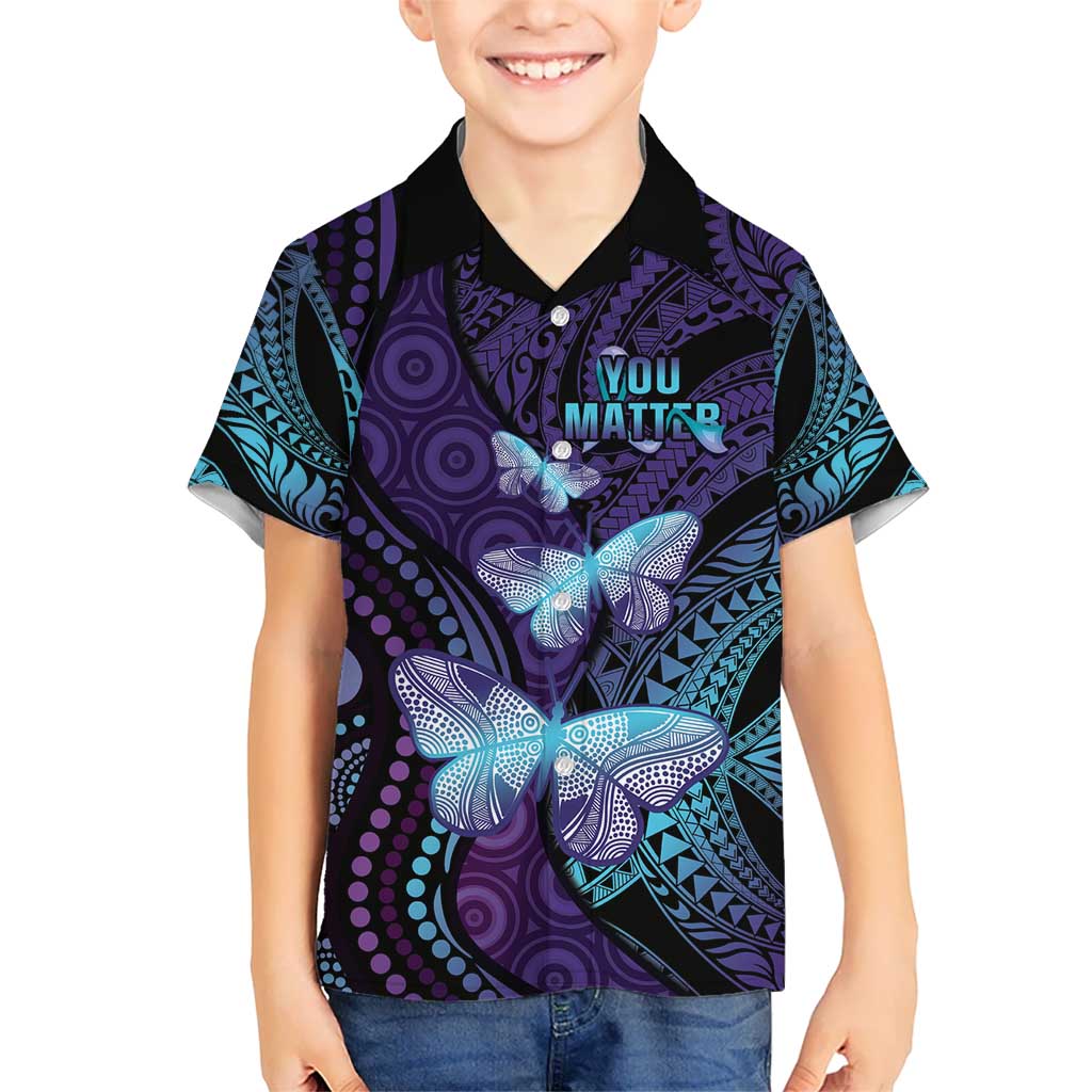 You Matter Suicide Prevention Awareness Kid Hawaiian Shirt Butterfly Aboriginal Mix Polynesian Pattern LT14 Kid Purple - Polynesian Pride