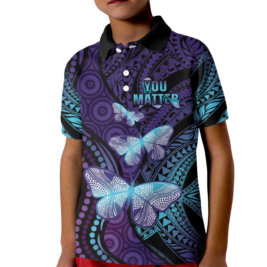 You Matter Suicide Prevention Awareness Kid Polo Shirt Butterfly Aboriginal Mix Polynesian Pattern LT14 Kid Purple - Polynesian Pride