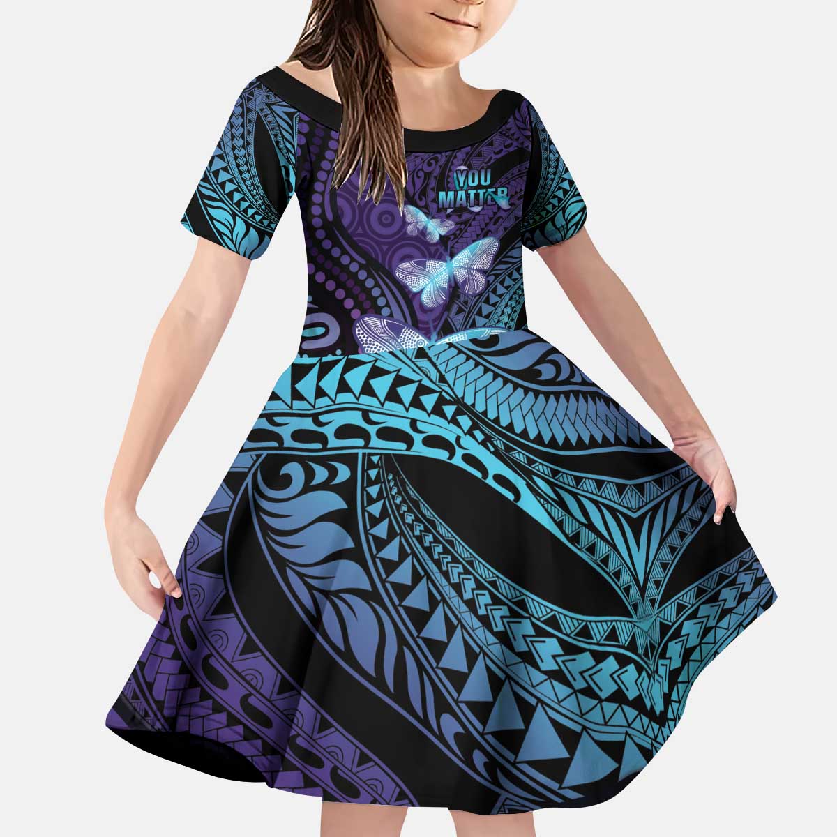 You Matter Suicide Prevention Awareness Kid Short Sleeve Dress Butterfly Aboriginal Mix Polynesian Pattern LT14 KID Purple - Polynesian Pride