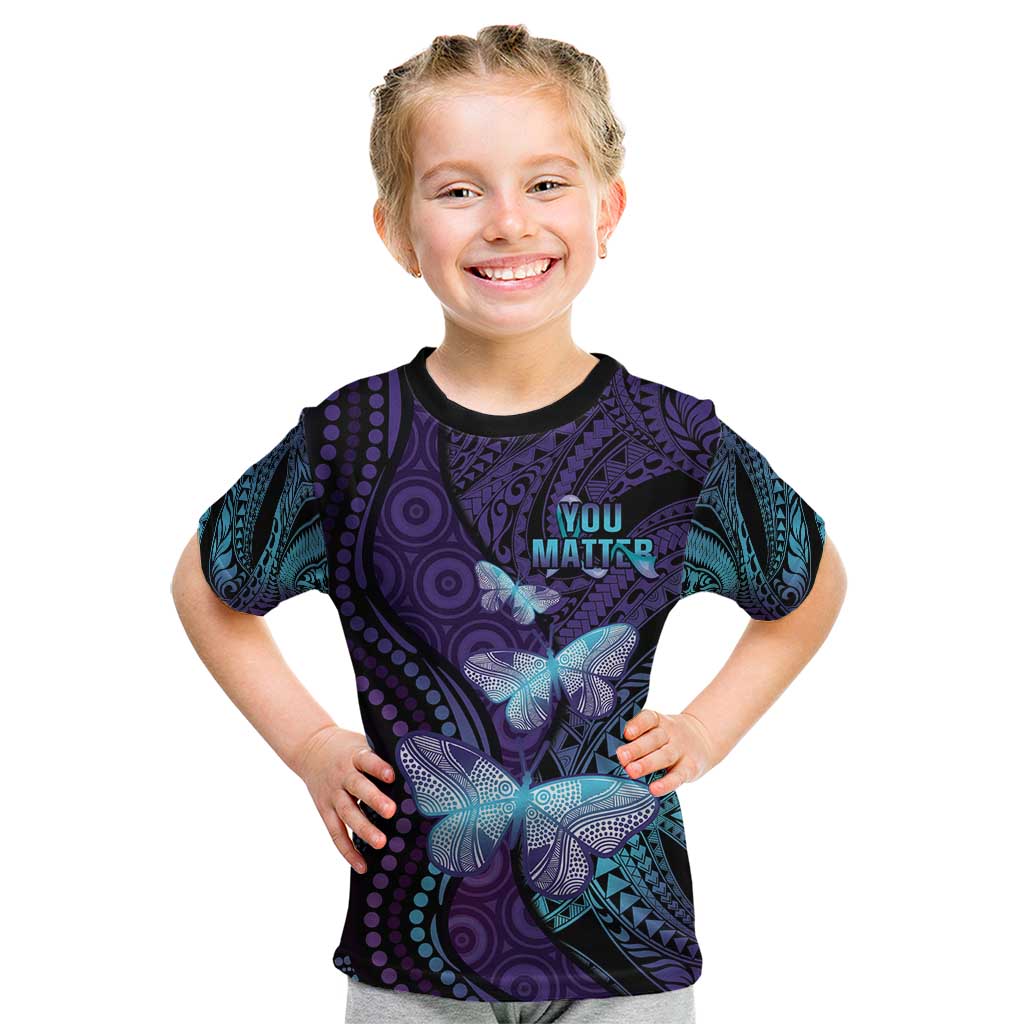 You Matter Suicide Prevention Awareness Kid T Shirt Butterfly Aboriginal Mix Polynesian Pattern LT14 Purple - Polynesian Pride