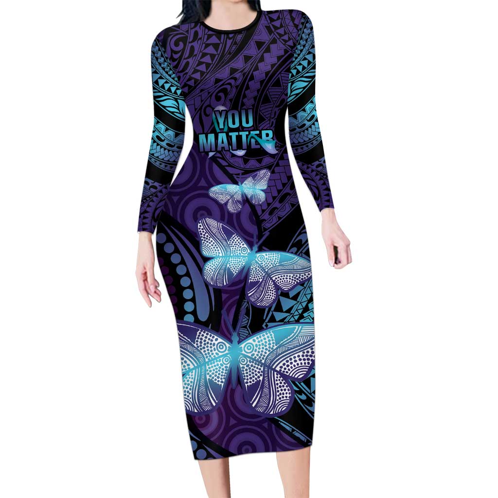 You Matter Suicide Prevention Awareness Long Sleeve Bodycon Dress Butterfly Aboriginal Mix Polynesian Pattern LT14 Long Dress Purple - Polynesian Pride