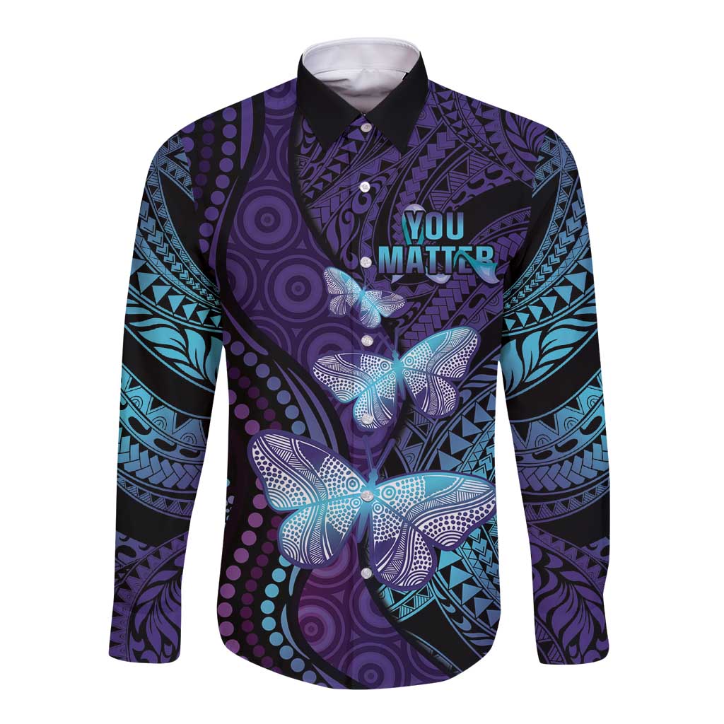You Matter Suicide Prevention Awareness Long Sleeve Button Shirt Butterfly Aboriginal Mix Polynesian Pattern LT14 Unisex Purple - Polynesian Pride