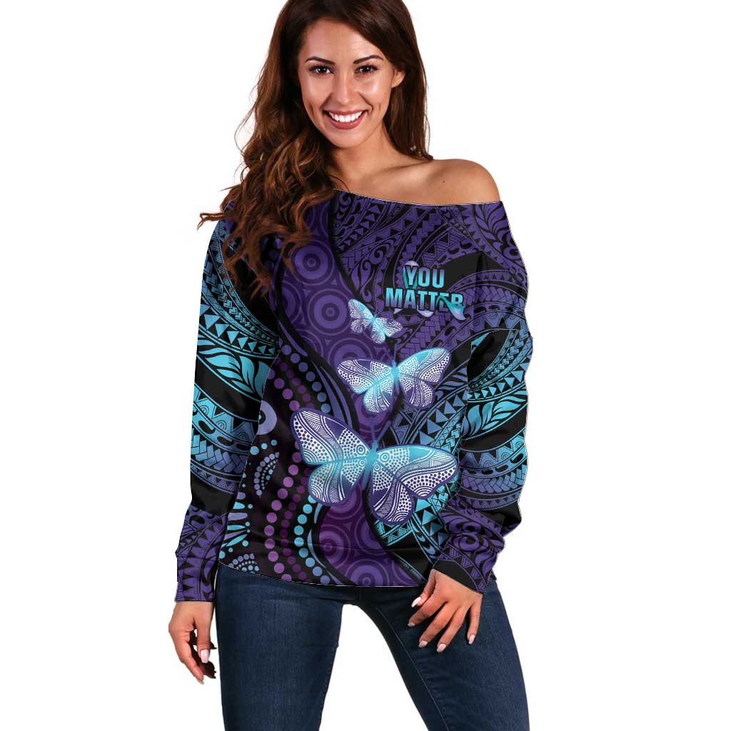 You Matter Suicide Prevention Awareness Off Shoulder Sweater Butterfly Aboriginal Mix Polynesian Pattern LT14 Women Purple - Polynesian Pride