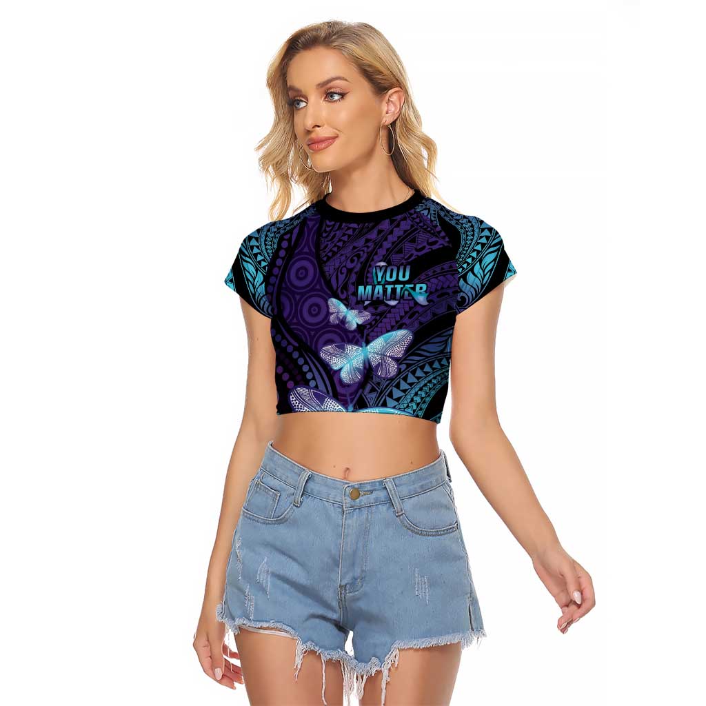 You Matter Suicide Prevention Awareness Raglan Cropped T Shirt Butterfly Aboriginal Mix Polynesian Pattern LT14 Female Purple - Polynesian Pride