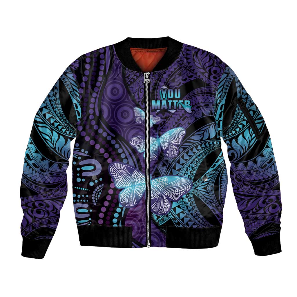 You Matter Suicide Prevention Awareness Sleeve Zip Bomber Jacket Butterfly Aboriginal Mix Polynesian Pattern LT14 Unisex Purple - Polynesian Pride