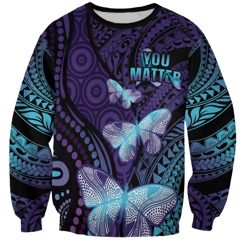 You Matter Suicide Prevention Awareness Sweatshirt Butterfly Aboriginal Mix Polynesian Pattern LT14 Unisex Purple - Polynesian Pride