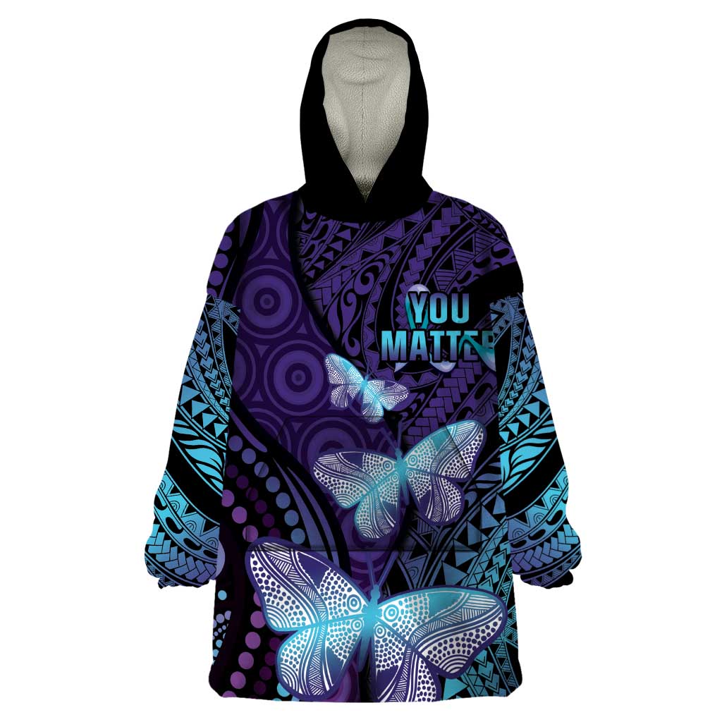 You Matter Suicide Prevention Awareness Wearable Blanket Hoodie Butterfly Aboriginal Mix Polynesian Pattern LT14 One Size Purple - Polynesian Pride