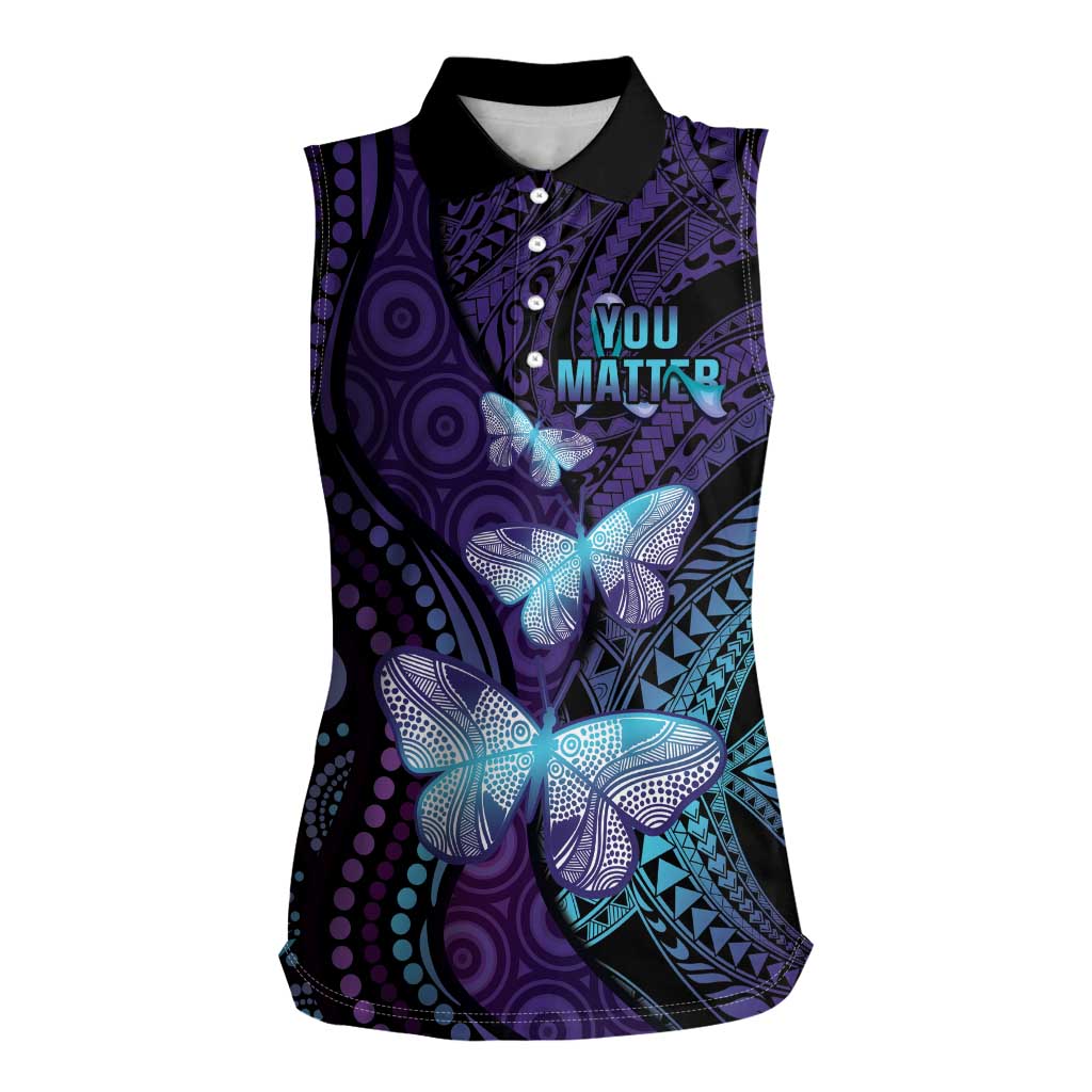 You Matter Suicide Prevention Awareness Women Sleeveless Polo Shirt Butterfly Aboriginal Mix Polynesian Pattern LT14 Female Purple - Polynesian Pride