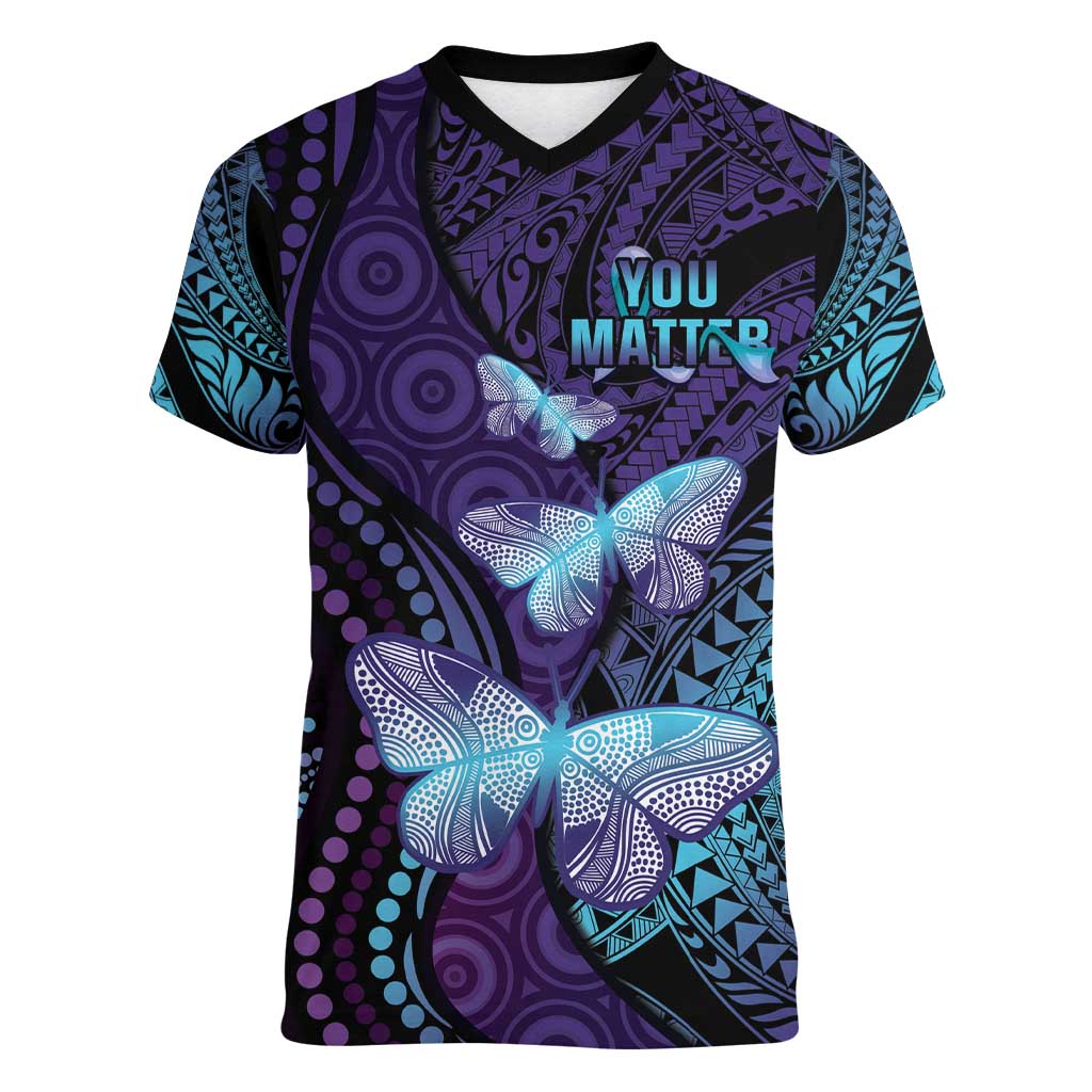 You Matter Suicide Prevention Awareness Women V-Neck T-Shirt Butterfly Aboriginal Mix Polynesian Pattern LT14 Female Purple - Polynesian Pride