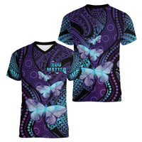 You Matter Suicide Prevention Awareness Women V-Neck T-Shirt Butterfly Aboriginal Mix Polynesian Pattern