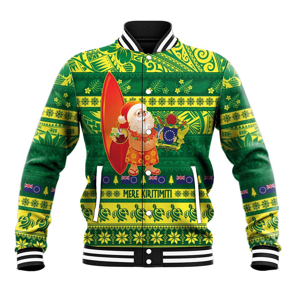 Cook Islands Christmas Baseball Jacket Surfing Santa Mere Kiritimiti - Polynesian Pride