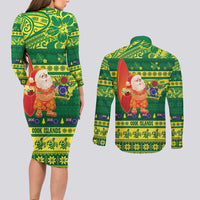 Cook Islands Christmas Couples Matching Long Sleeve Bodycon Dress and Long Sleeve Button Shirt Surfing Santa Mere Kiritimiti - Polynesian Pride