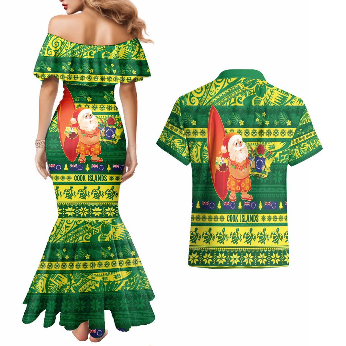 Cook Islands Christmas Couples Matching Mermaid Dress and Hawaiian Shirt Surfing Santa Mere Kiritimiti - Polynesian Pride