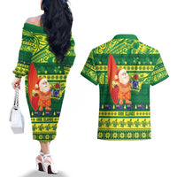 Cook Islands Christmas Couples Matching Off The Shoulder Long Sleeve Dress and Hawaiian Shirt Surfing Santa Mere Kiritimiti - Polynesian Pride