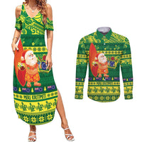 Cook Islands Christmas Couples Matching Summer Maxi Dress and Long Sleeve Button Shirt Surfing Santa Mere Kiritimiti - Polynesian Pride