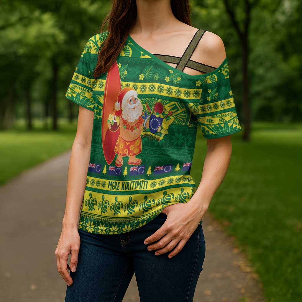 Cook Islands Christmas Cross Shoulder Shirt Surfing Santa Mere Kiritimiti - Polynesian Pride