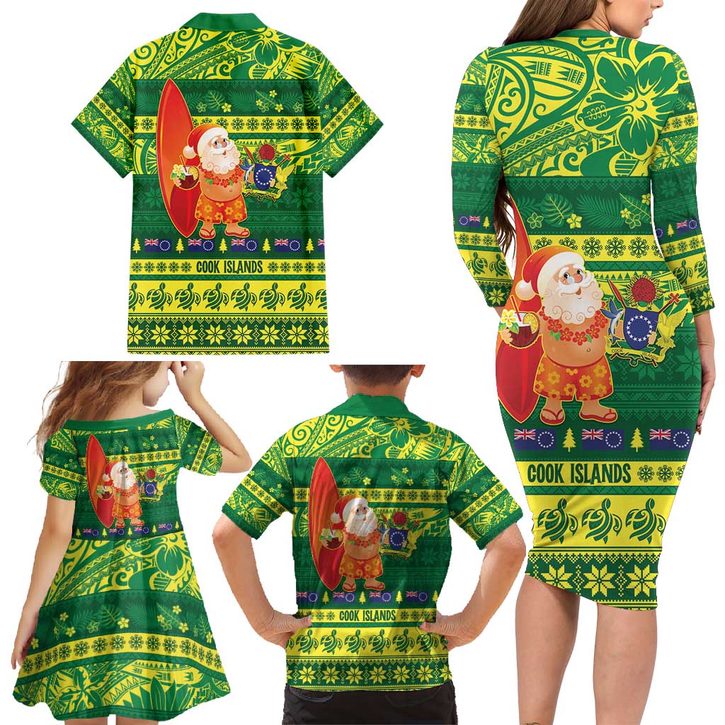Cook Islands Christmas Family Matching Long Sleeve Bodycon Dress and Hawaiian Shirt Surfing Santa Mere Kiritimiti - Polynesian Pride