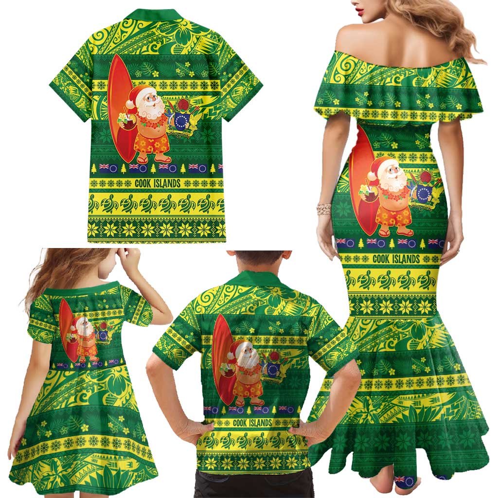 Cook Islands Christmas Family Matching Mermaid Dress and Hawaiian Shirt Surfing Santa Mere Kiritimiti - Polynesian Pride