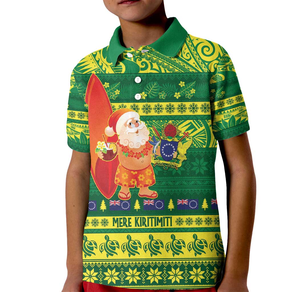 Cook Islands Christmas Kid Polo Shirt Surfing Santa Mere Kiritimiti - Polynesian Pride
