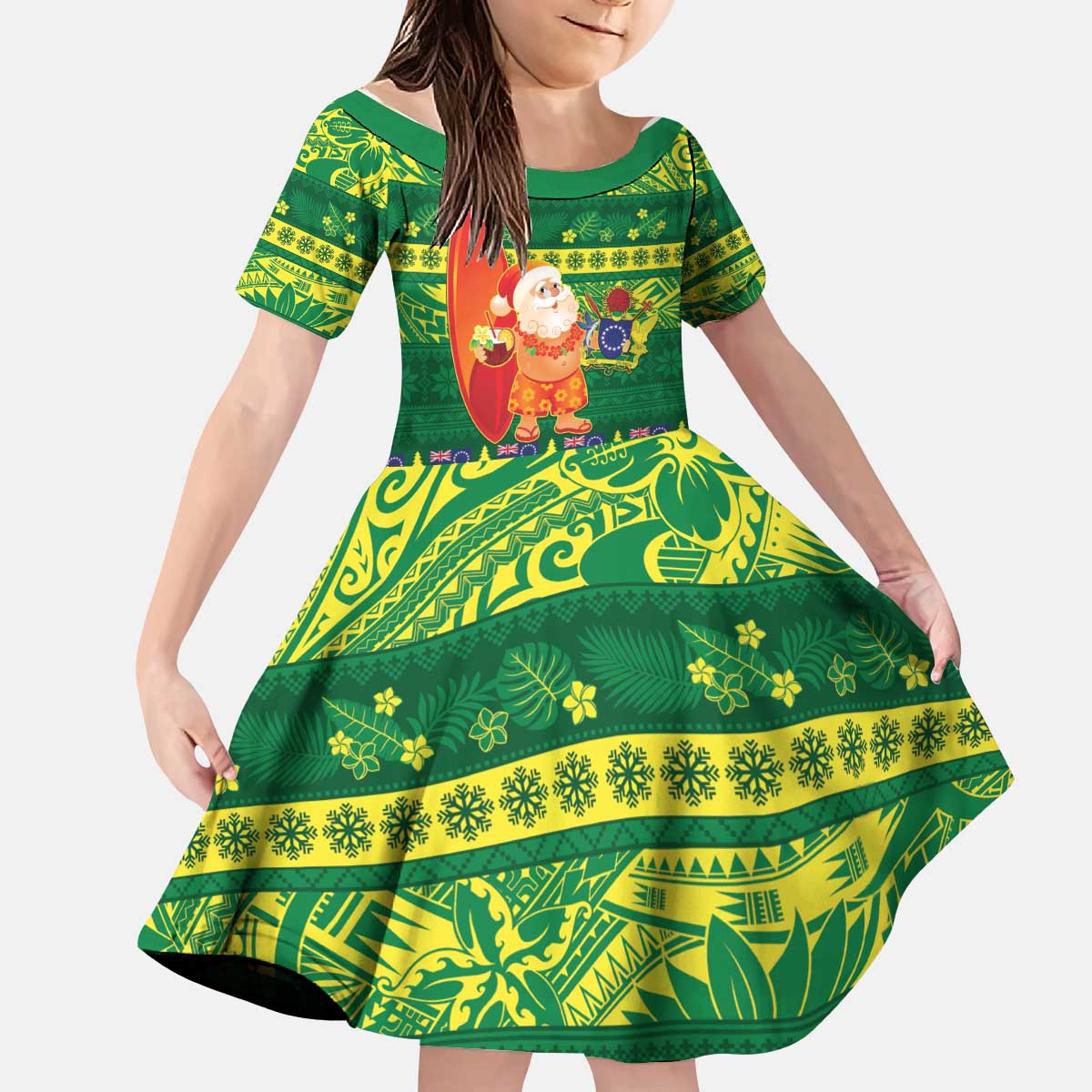 Cook Islands Christmas Kid Short Sleeve Dress Surfing Santa Mere Kiritimiti - Polynesian Pride