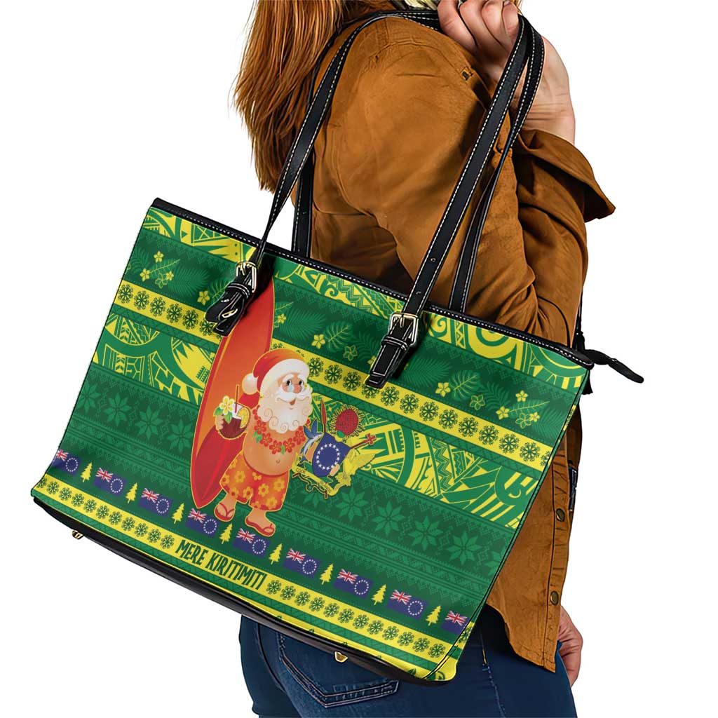 Cook Islands Christmas Leather Tote Bag Surfing Santa Mere Kiritimiti - Polynesian Pride