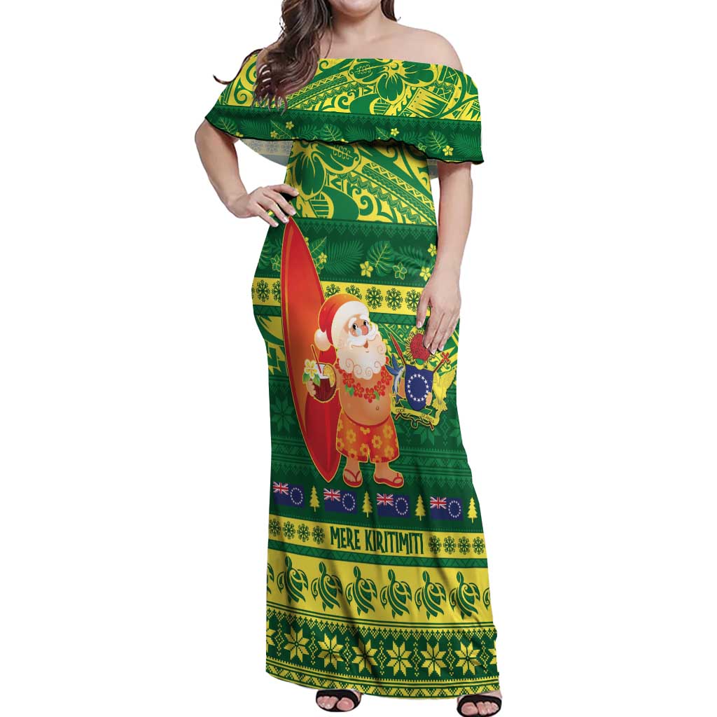 Cook Islands Christmas Off Shoulder Maxi Dress Surfing Santa Mere Kiritimiti - Polynesian Pride
