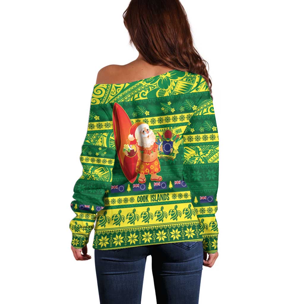 Cook Islands Christmas Off Shoulder Sweater Surfing Santa Mere Kiritimiti - Polynesian Pride