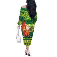 Cook Islands Christmas Off The Shoulder Long Sleeve Dress Surfing Santa Mere Kiritimiti - Polynesian Pride