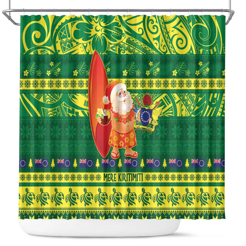 Cook Islands Christmas Shower Curtain Surfing Santa Mere Kiritimiti - Polynesian Pride
