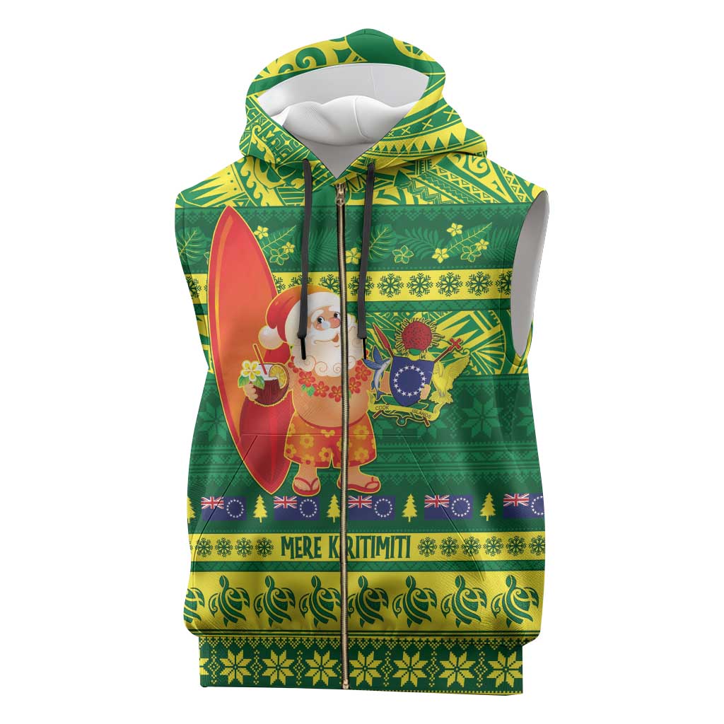 Cook Islands Christmas Sleeveless Zip Hoodie Surfing Santa Mere Kiritimiti - Polynesian Pride