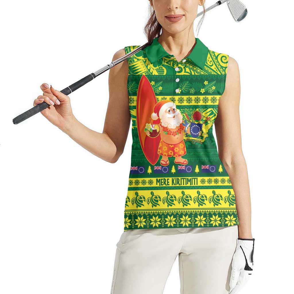 Cook Islands Christmas Women Sleeveless Polo Shirt Surfing Santa Mere Kiritimiti - Polynesian Pride