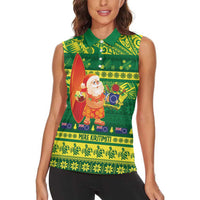 Cook Islands Christmas Women Sleeveless Polo Shirt Surfing Santa Mere Kiritimiti - Polynesian Pride
