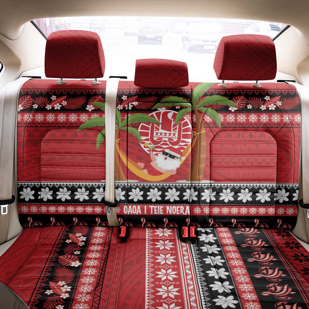 French Polynesia Christmas Back Car Seat Cover Tiare Chilling Santa Oaoa I teie Noera - Polynesian Pride