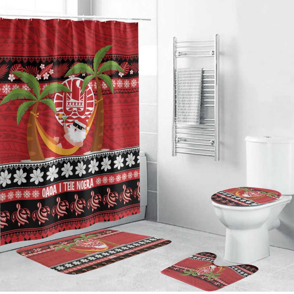 French Polynesia Christmas Bathroom Set Tiare Chilling Santa Oaoa I teie Noera - Polynesian Pride