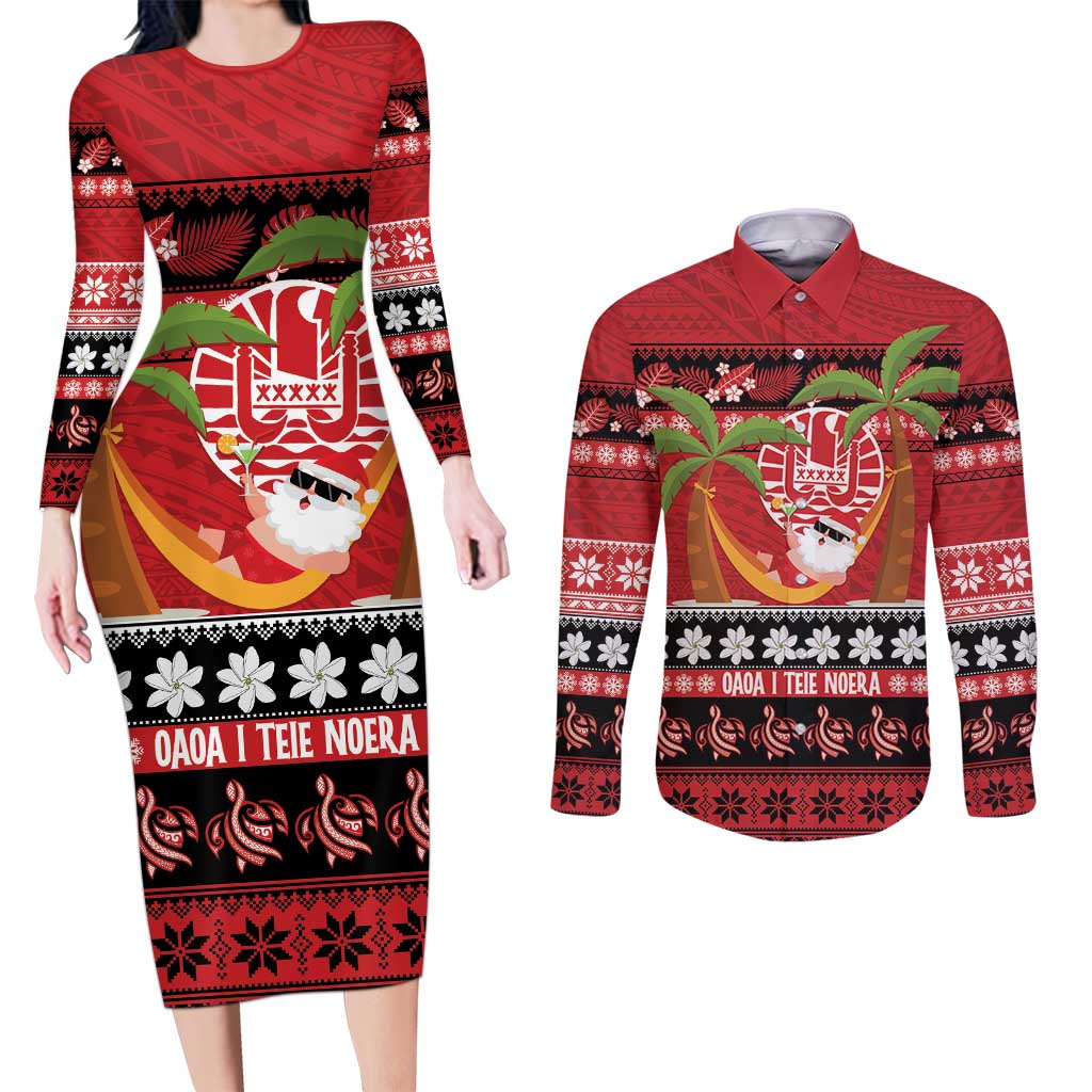 French Polynesia Christmas Couples Matching Long Sleeve Bodycon Dress and Long Sleeve Button Shirt Tiare Chilling Santa Oaoa I teie Noera - Polynesian Pride