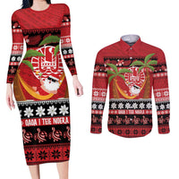 French Polynesia Christmas Couples Matching Long Sleeve Bodycon Dress and Long Sleeve Button Shirt Tiare Chilling Santa Oaoa I teie Noera - Polynesian Pride
