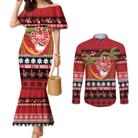 French Polynesia Christmas Couples Matching Mermaid Dress and Long Sleeve Button Shirt Tiare Chilling Santa Oaoa I teie Noera - Polynesian Pride